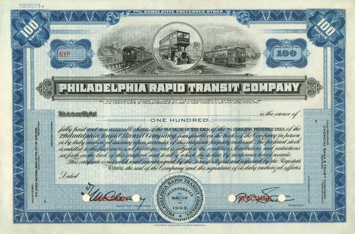 Philadelphia Rapid Transit Co. - Stock Certificate